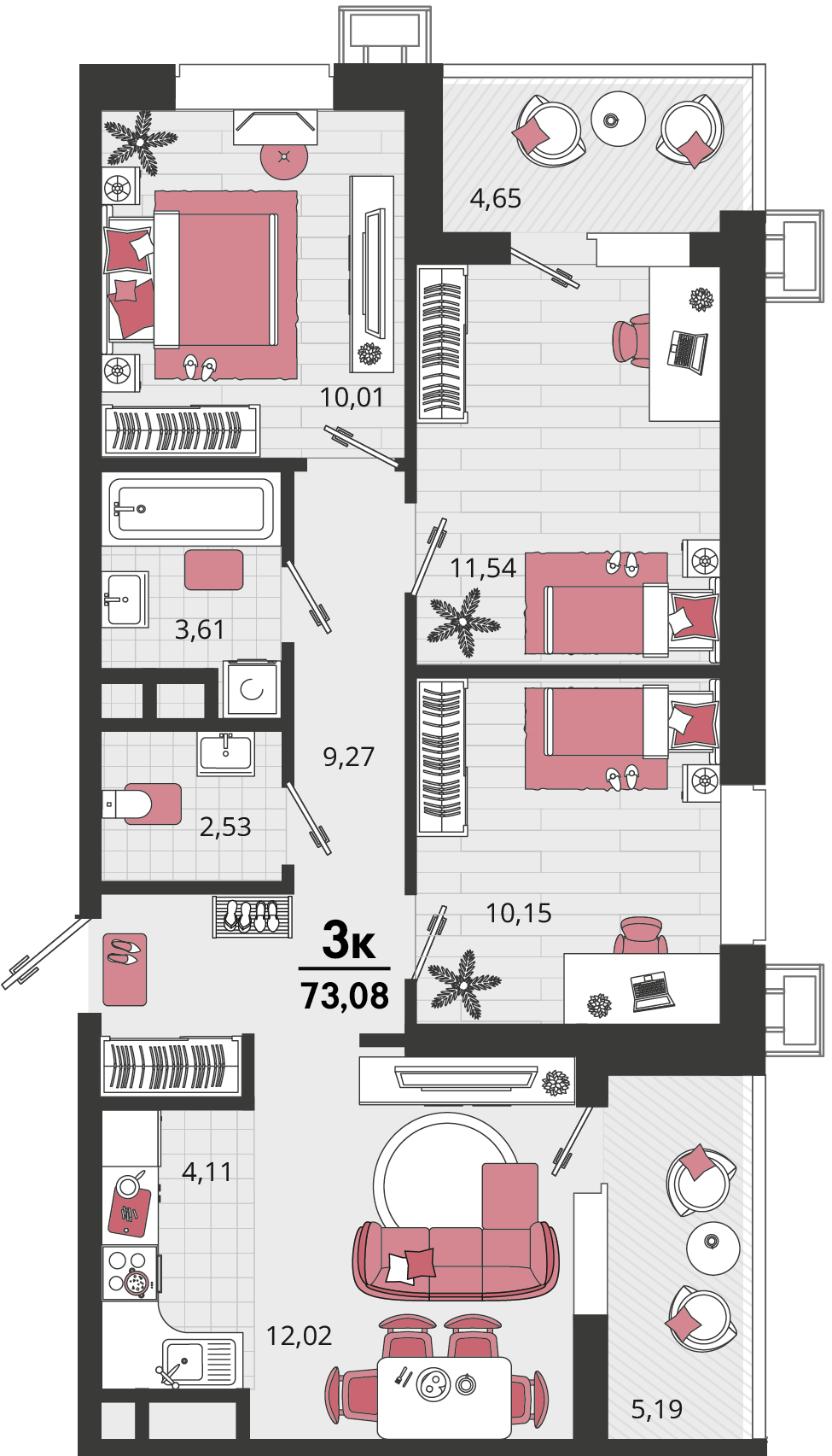 4-комнатная 73 м2 в ЖК Родные просторы корпус null этаж 7