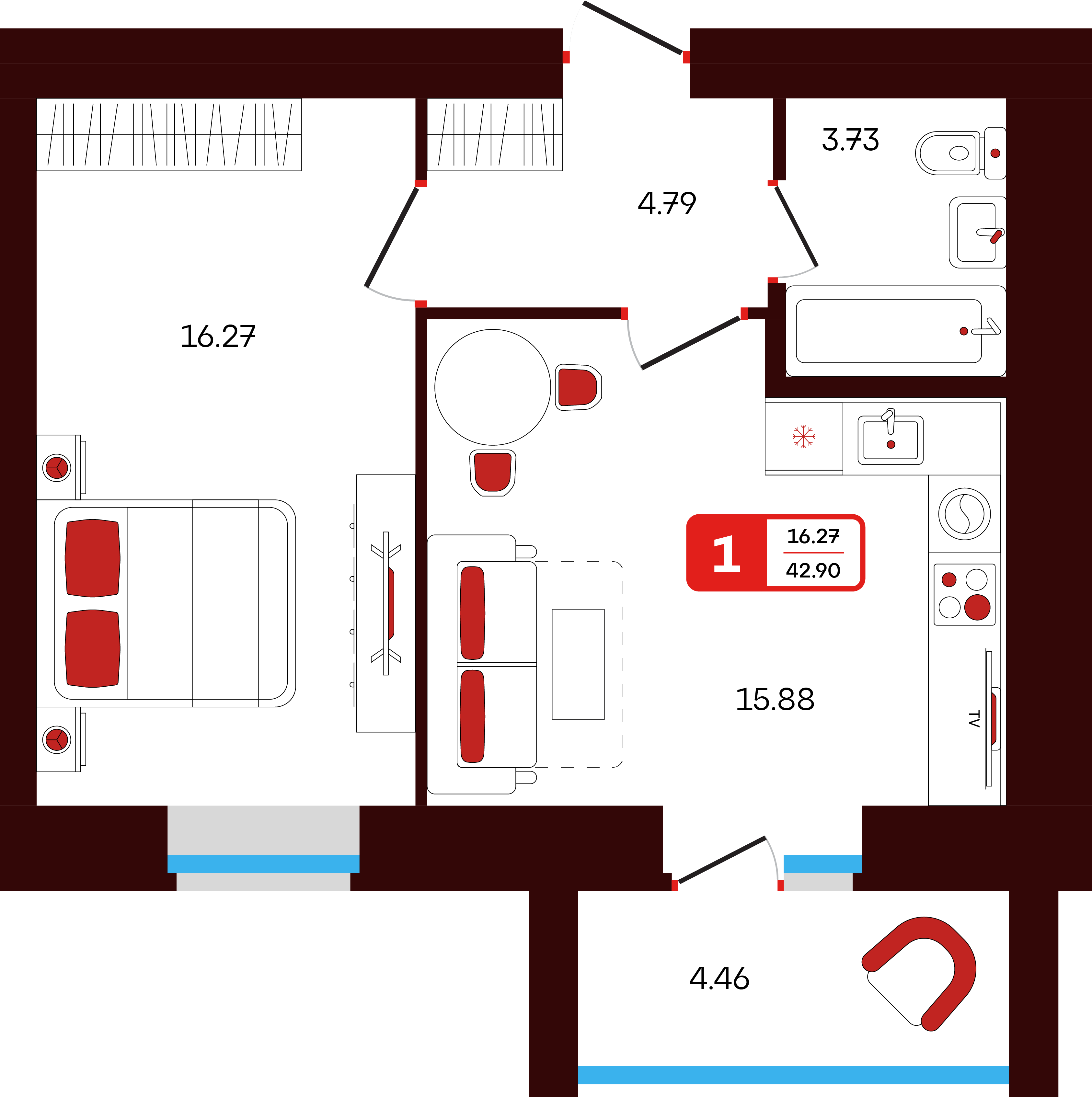 1-комнатная 42 м2 в ЖК Шашина 32 корпус null этаж 12