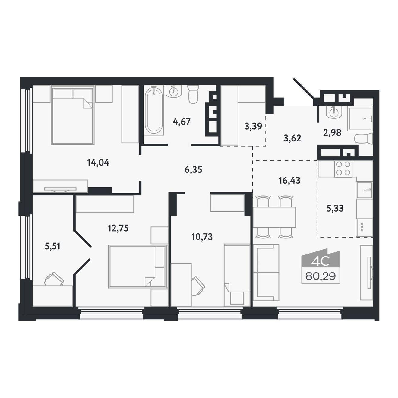 4-комнатная 80 м2 в ЖК Квартал 1604 корпус null этаж 17