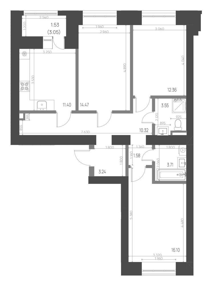 3-комнатная 78 м2 в ЖК Калина корпус null этаж 9