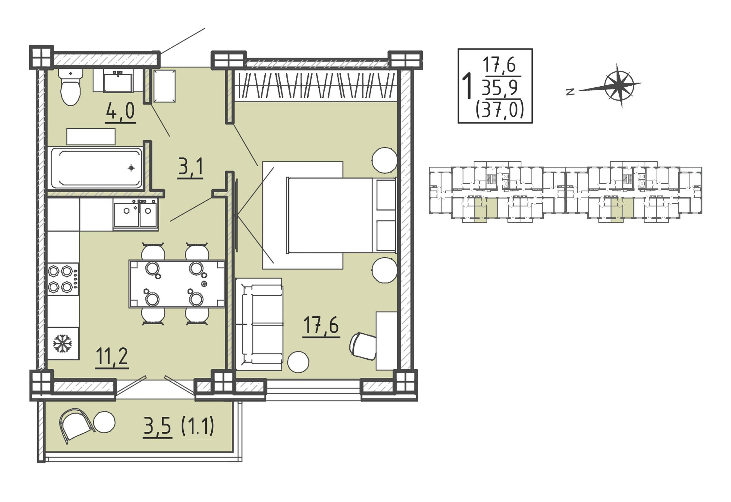 1-комнатная 37 м2 в ЖК Ю корпус null этаж 8