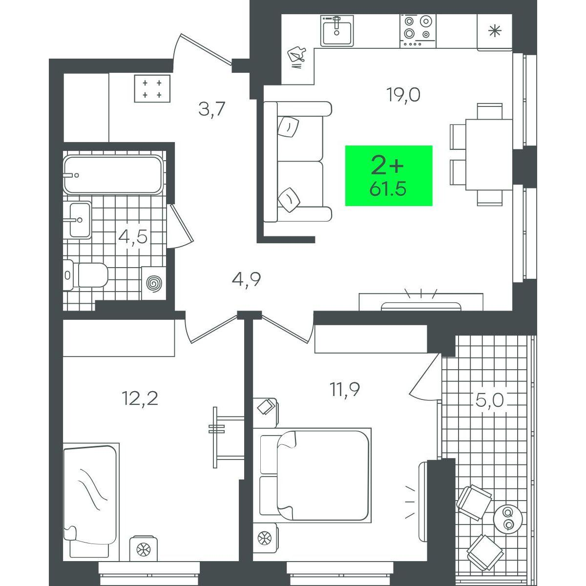 2-комнатная 61 м2 в ЖК Гранд Квартал корпус null этаж 15
