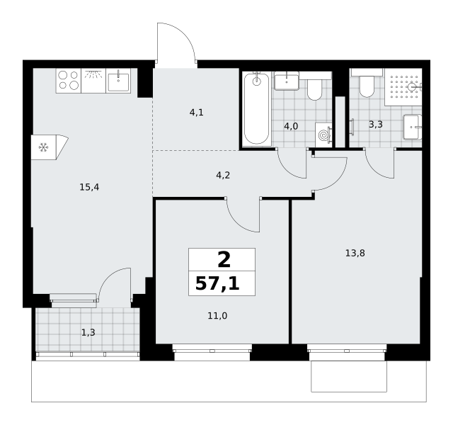 2-комнатная 57 м2 в ЖК Деснаречье корпус null этаж 3