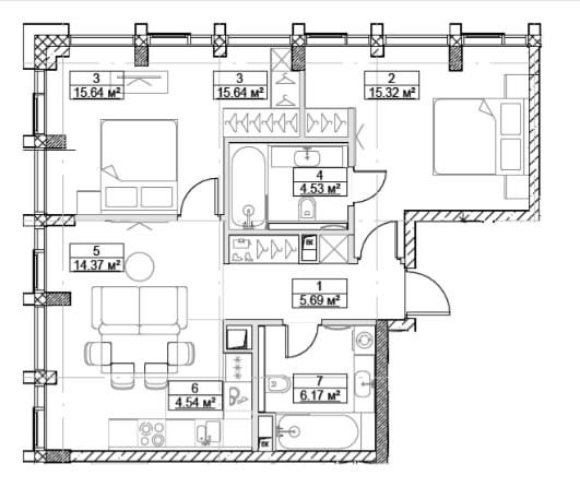 3-комнатная 66.5 м2 в ЖК undefined корпус null этаж 8