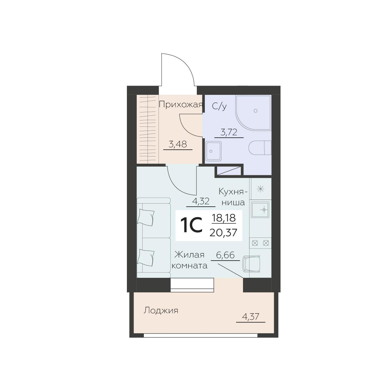 1-комнатная 20 м2 в ЖК Заря корпус null этаж 11