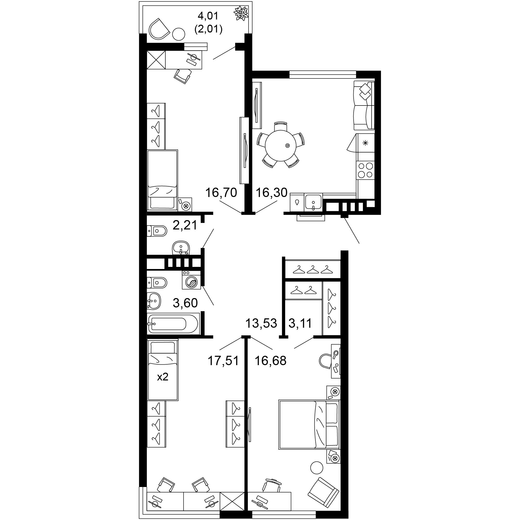 3-комнатная 91 м2 в ЖК 1799 корпус null этаж 7