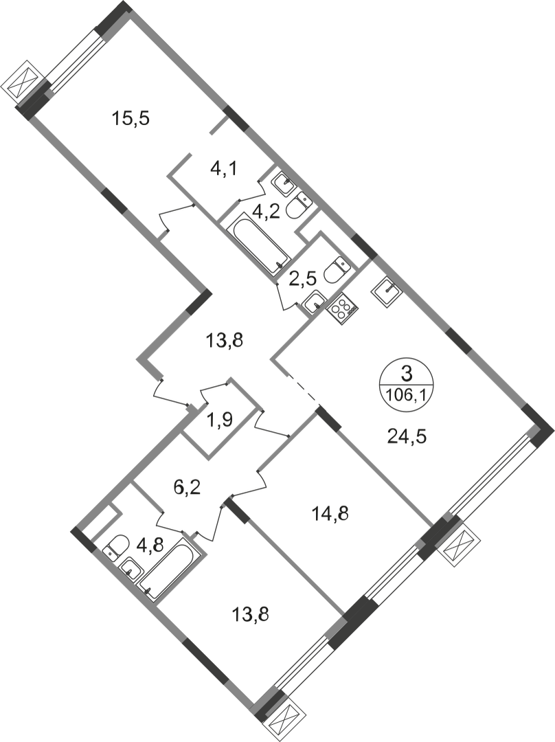 3-комнатная 106 м2 в ЖК Резиденции Сколково корпус null этаж 9