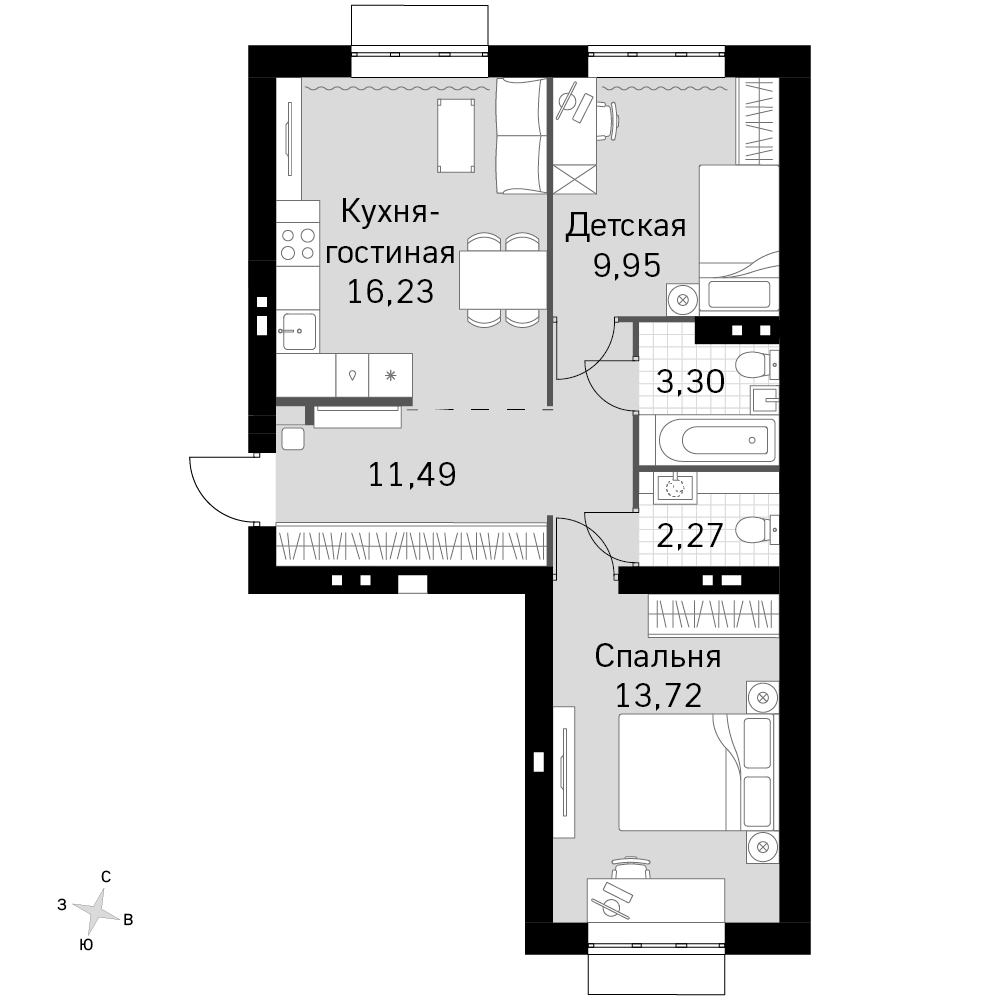 2-комнатная 58 м2 в ЖК Жаворонки Клаб корпус null этаж 3