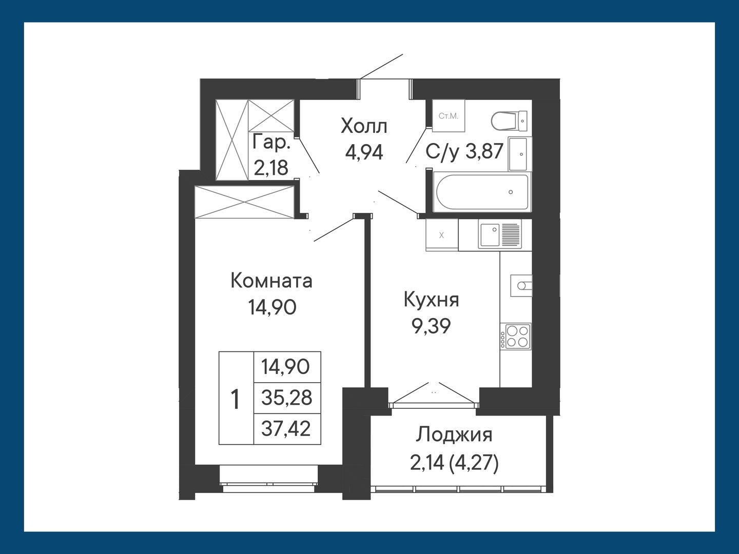 1-комнатная 37 м2 в ЖК Курортный квартал «Ривьера» корпус null этаж 3