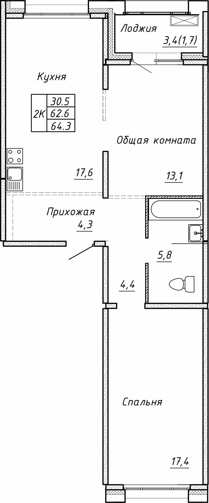 2-комнатная 64 м2 в ЖК Гренландия корпус null этаж 1