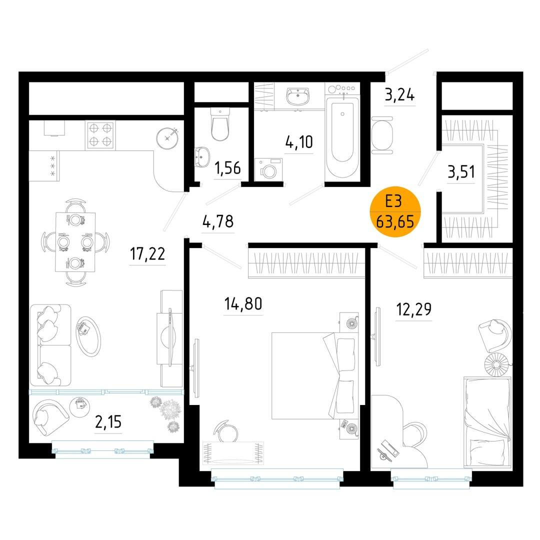 2-комнатная 63.4 м2 в ЖК undefined корпус null этаж 12