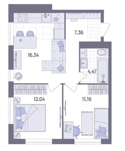 3-комнатная 51.4 м2 в ЖК undefined корпус null этаж 7