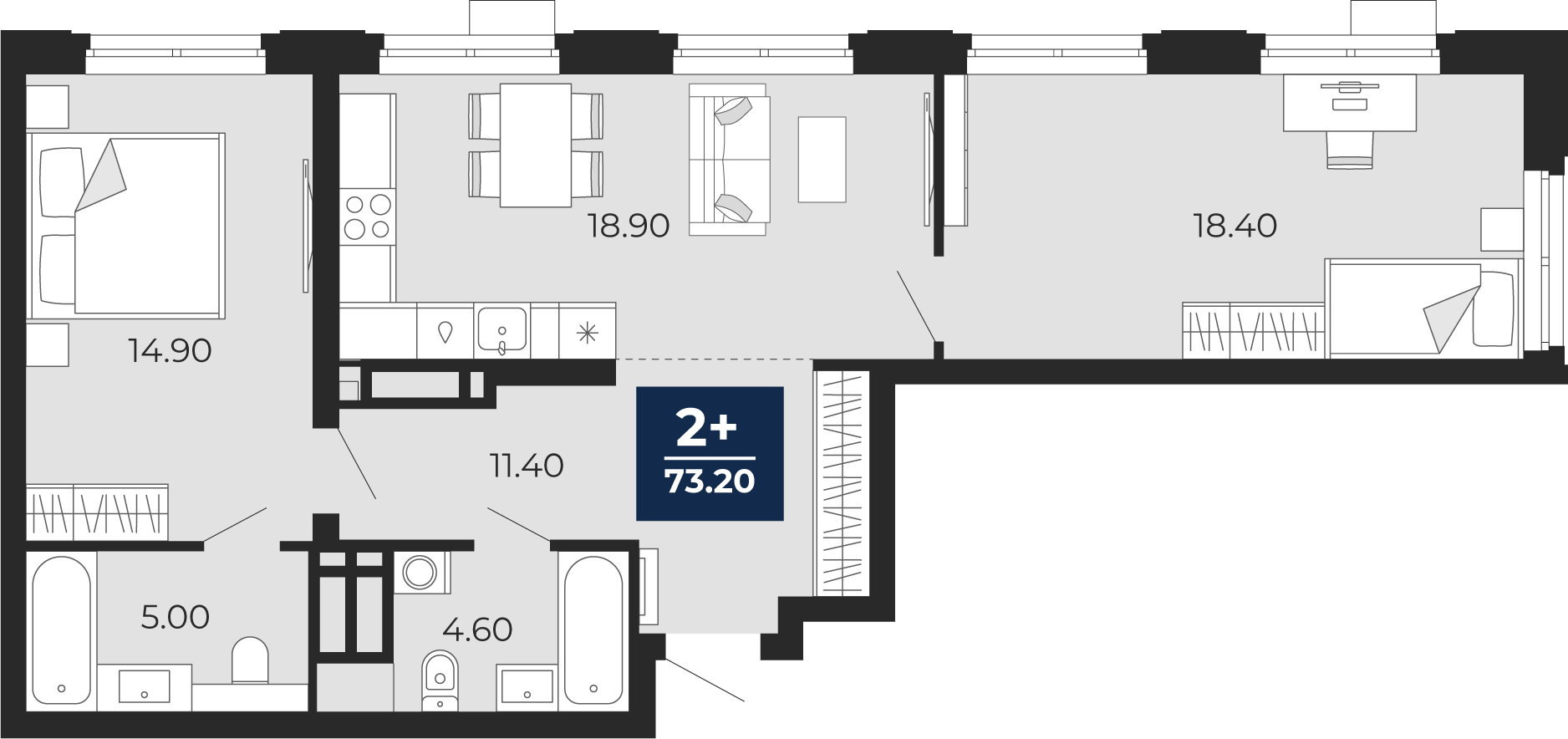 2-комнатная 73 м2 в ЖК Айвазовский корпус null этаж 21