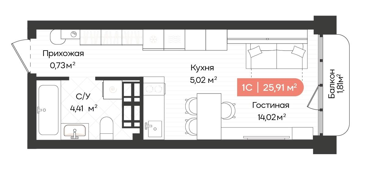 1-комнатная 25 м2 в ЖК Balance корпус null этаж 17
