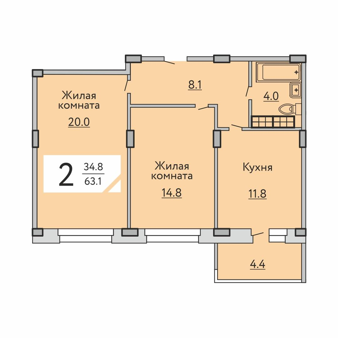 2-комнатная 63 м2 в ЖК Агат корпус null этаж 8