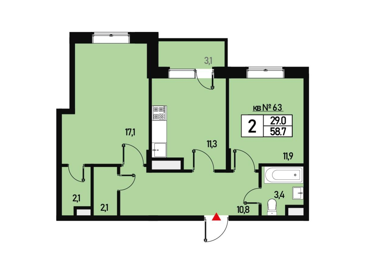 2-комнатная 58 м2 в ЖК Борисоглебское корпус null этаж 2