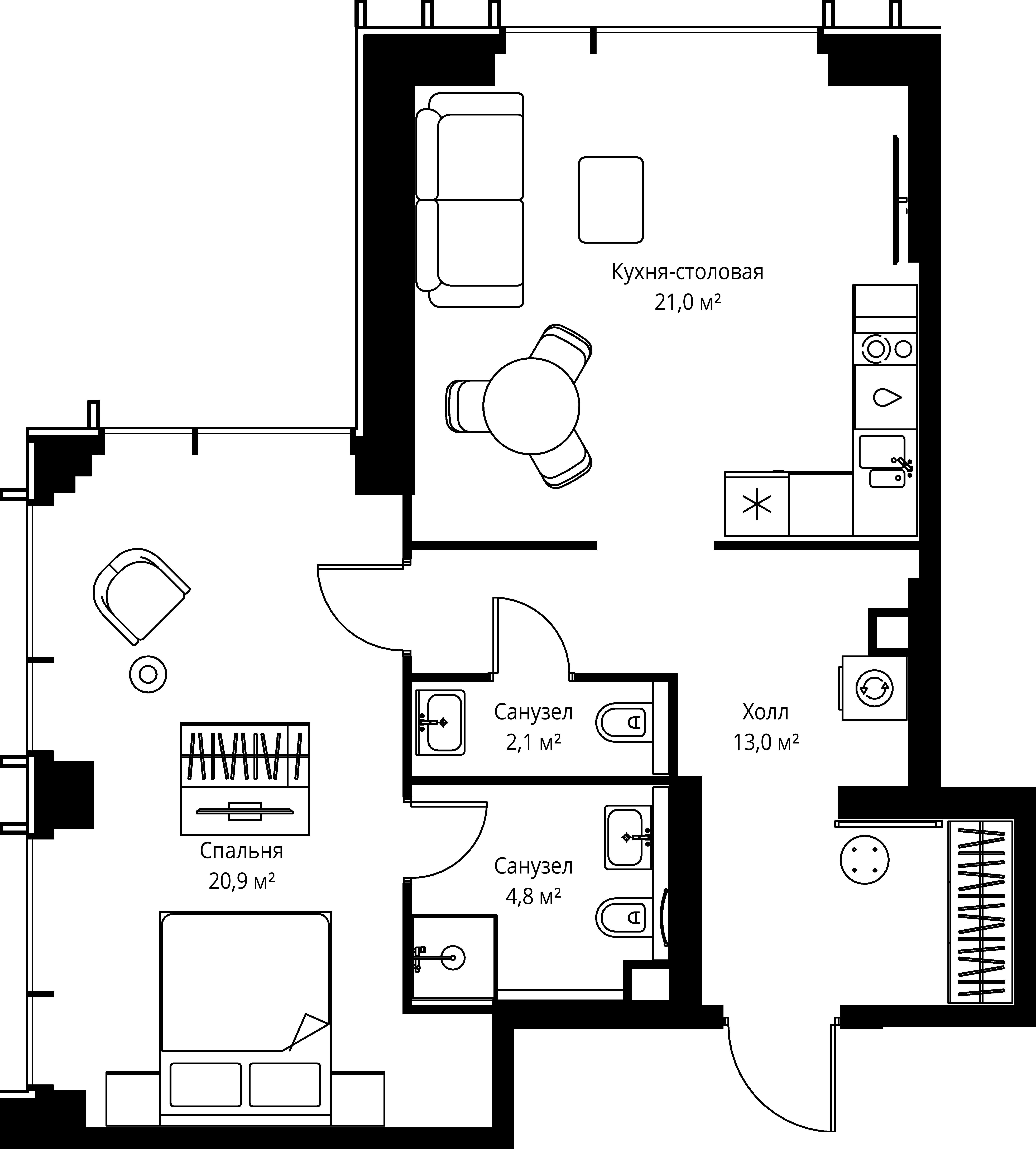 1-комнатная 61 м2 в ЖК ВЕЕР корпус null этаж 42