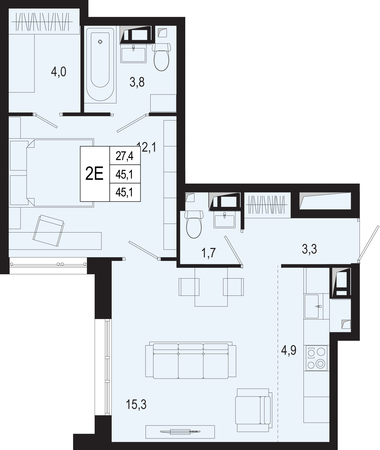 2-комнатная 45 м2 в ЖК Новая Щербинка корпус null этаж 8
