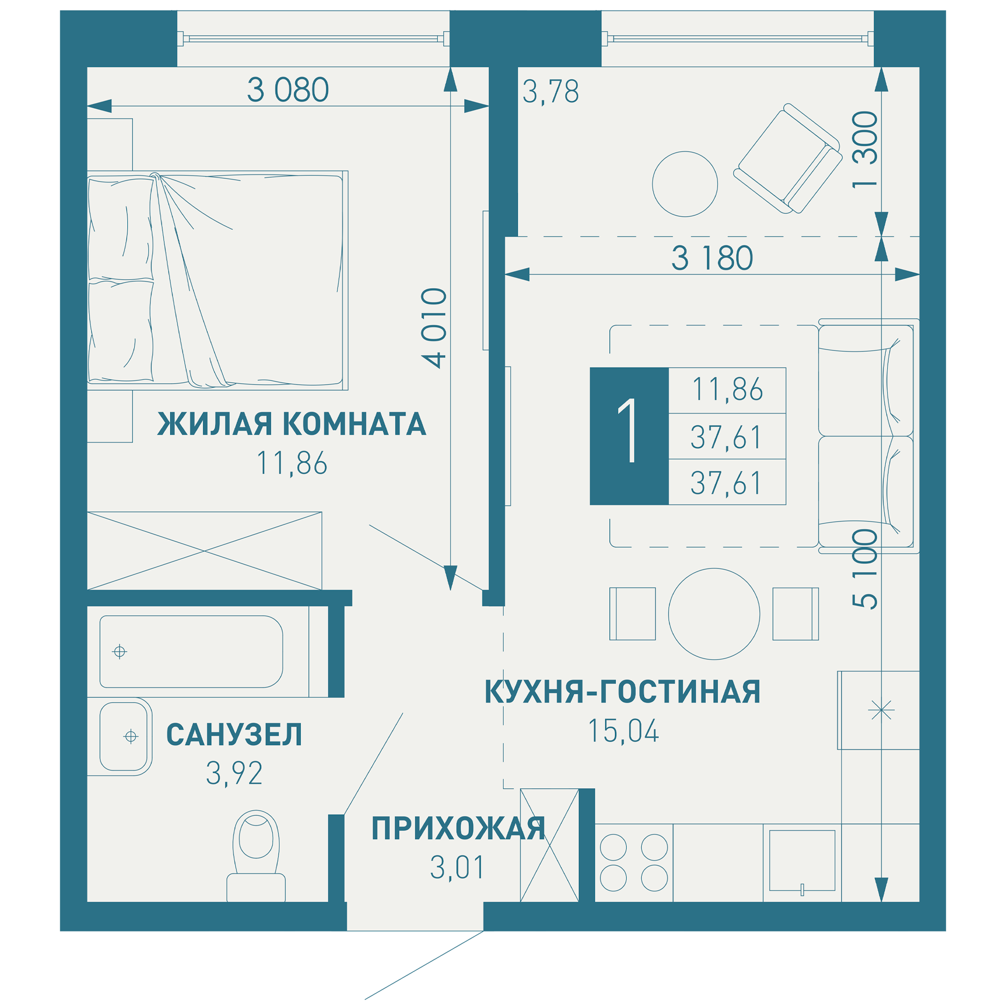 1-комнатная 39 м2 в ЖК ИНАЧЕ в Молодежном корпус null этаж 9