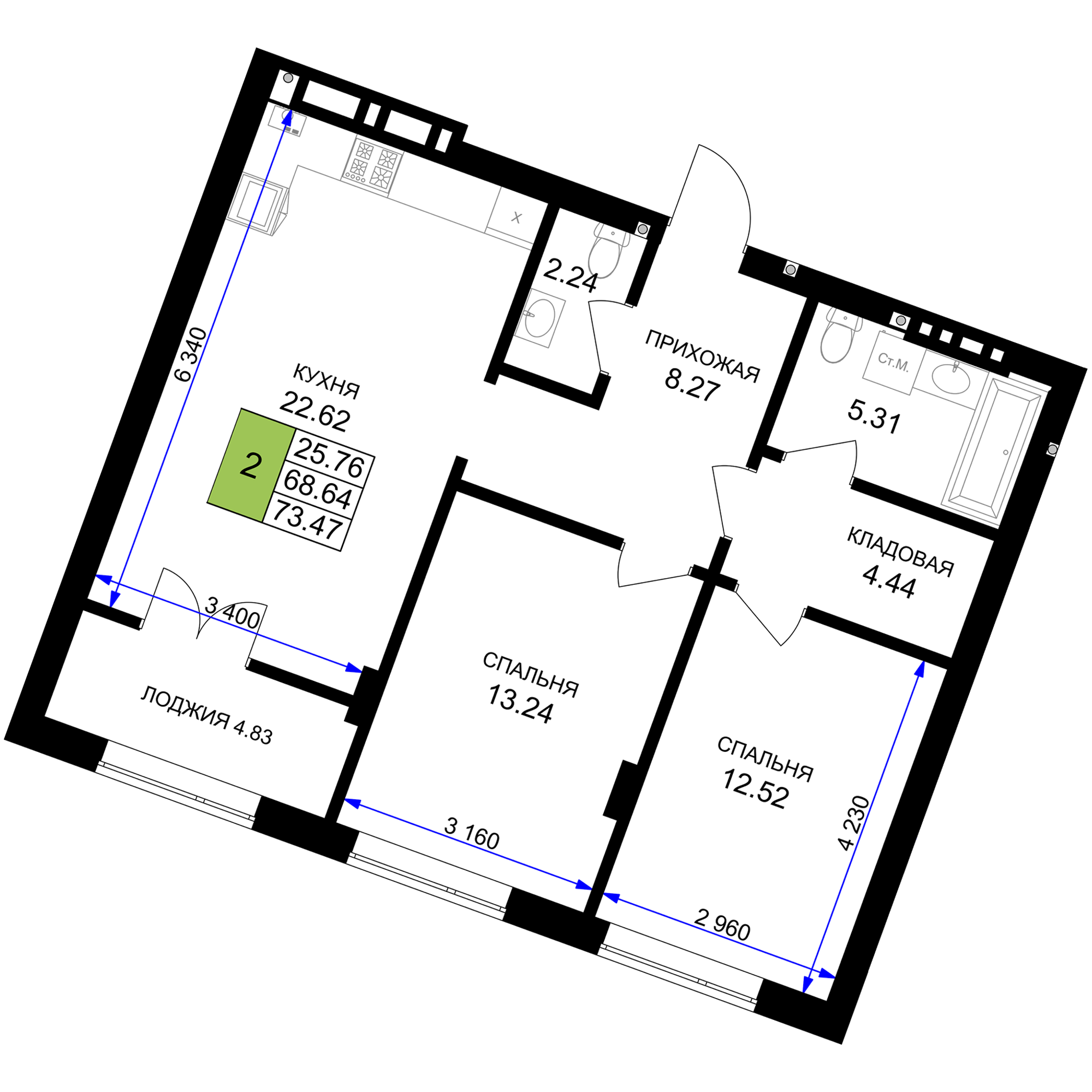 2-комнатная 71 м2 в ЖК Включи корпус null этаж 6