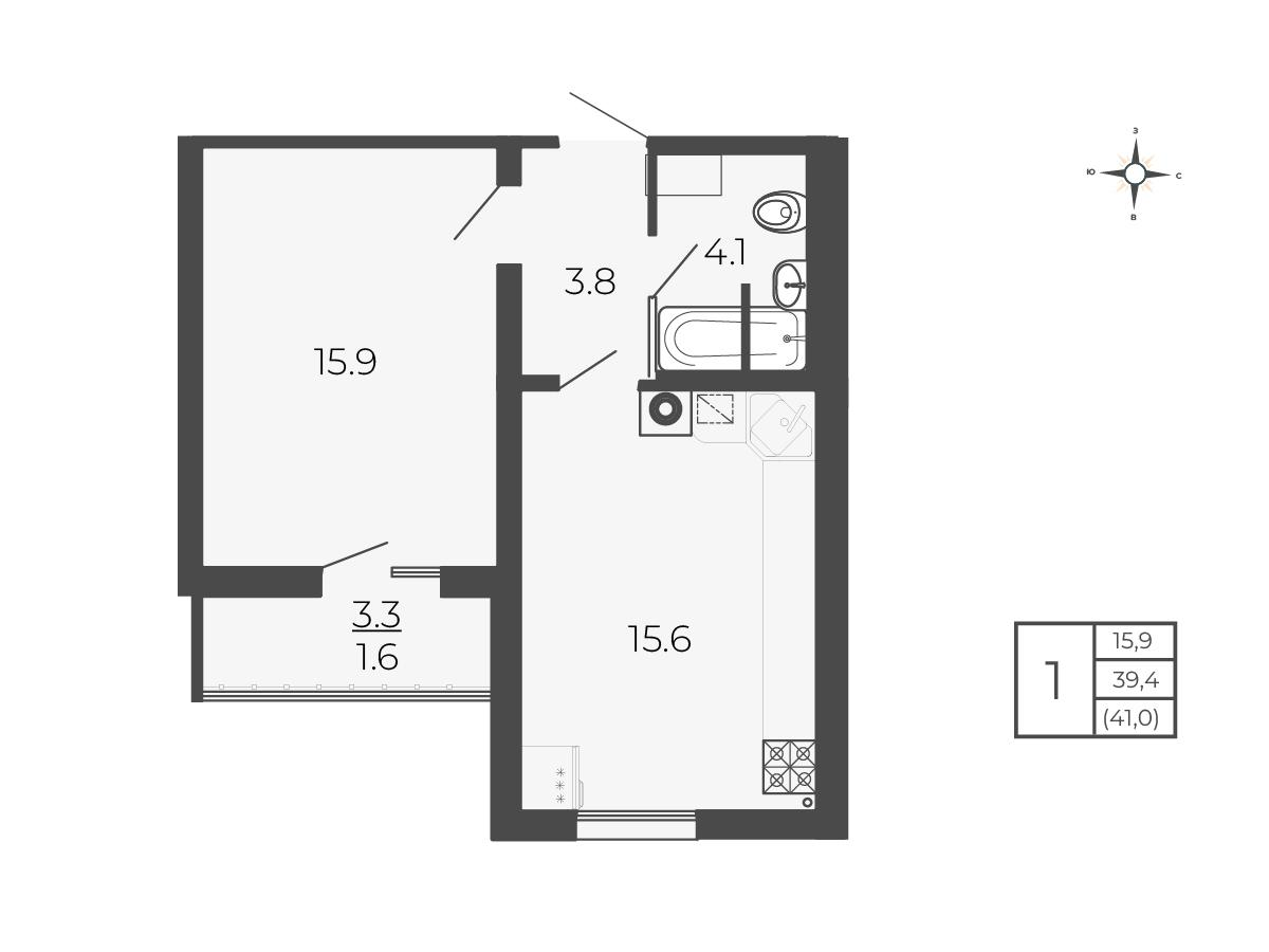 1-комнатная 41 м2 в ЖК Новый Благодар корпус null этаж 2