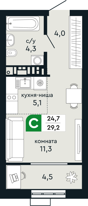 Студия 29 м2 в ЖК Green Park корпус null этаж 14