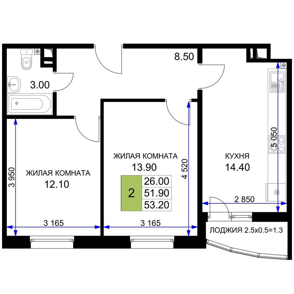 2-комнатная 54 м2 в ЖК Песчаный корпус null этаж 2