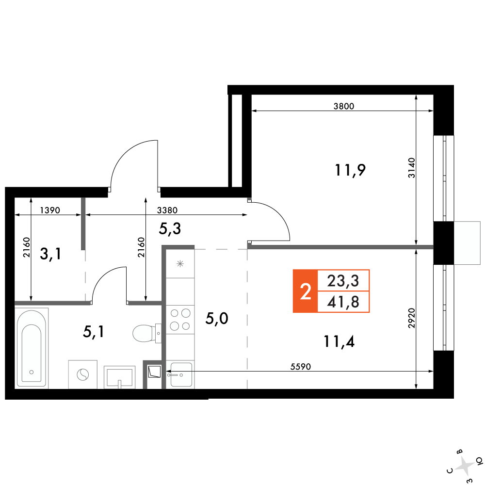 2-комнатная 41 м2 в ЖК Флагман корпус null этаж 9