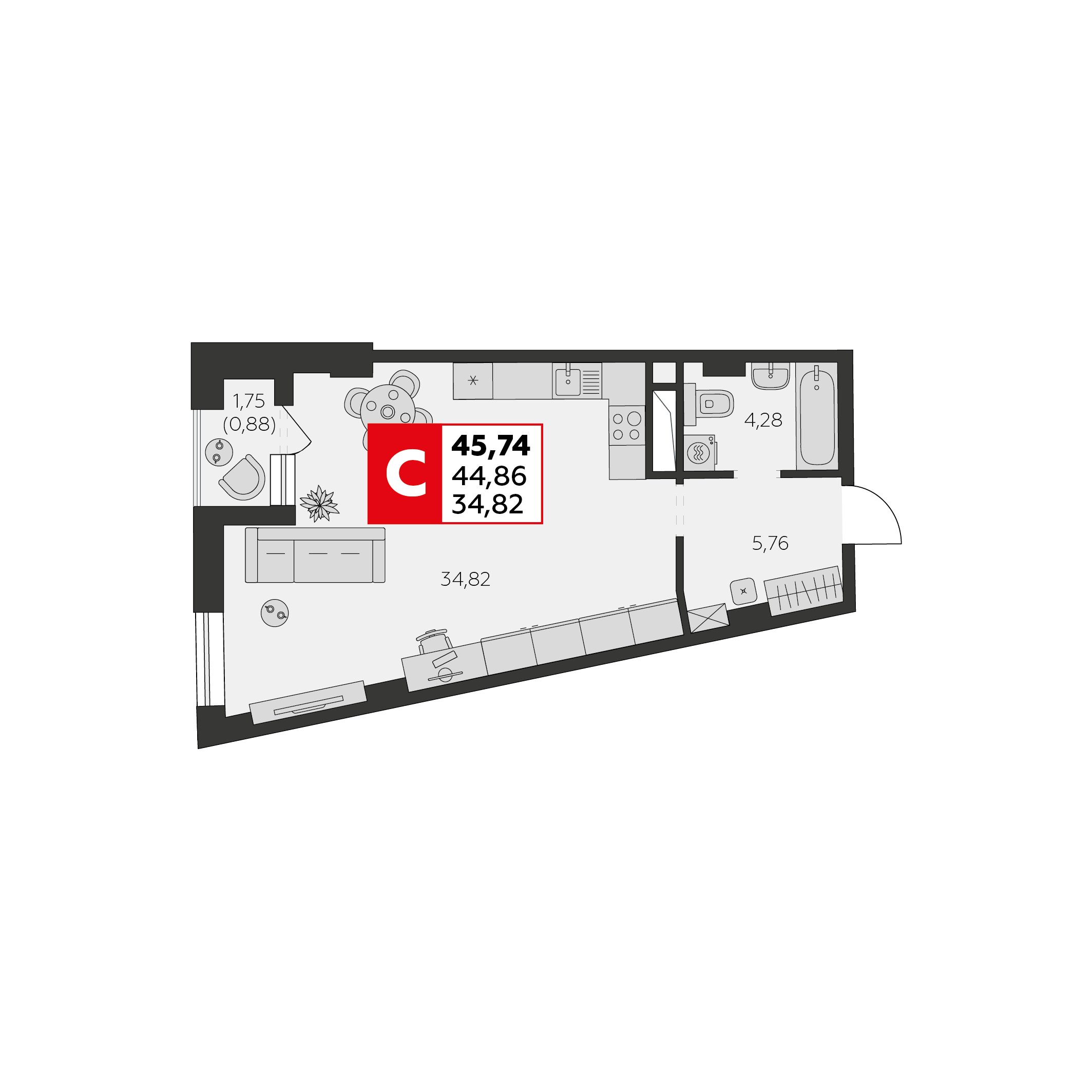 Студия 45 м2 в ЖК Высотка корпус null этаж 3