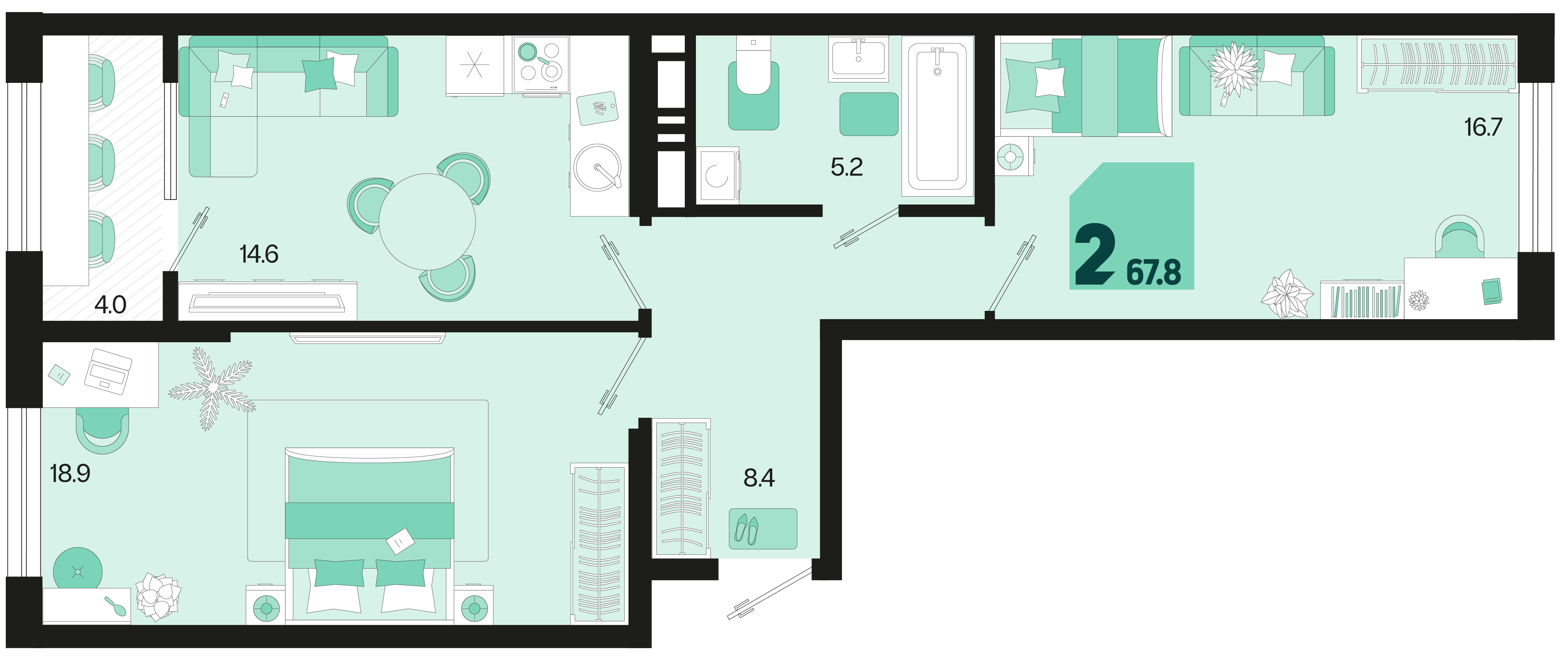 2-комнатная 67 м2 в ЖК Первое место корпус null этаж 7