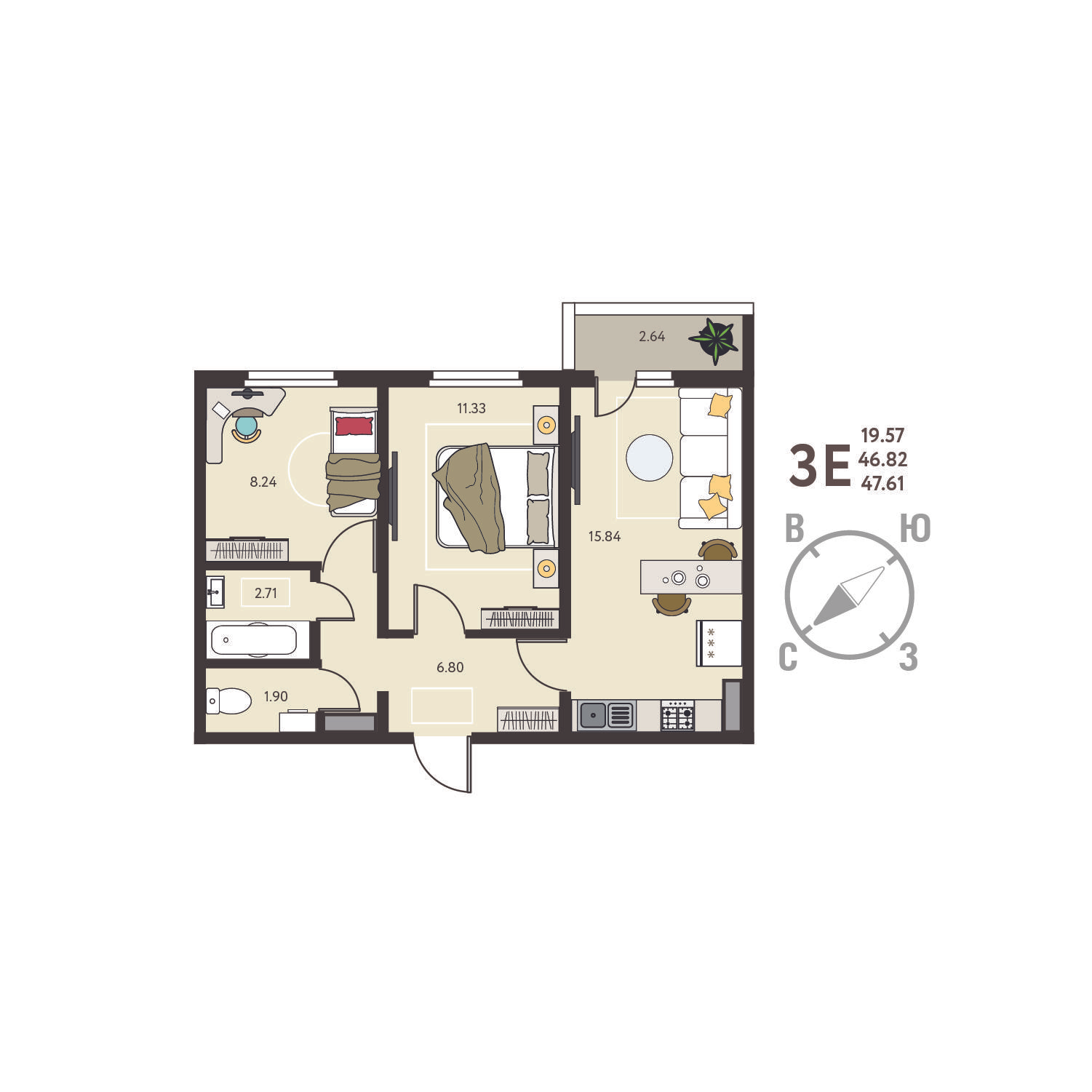 2-комнатная 47 м2 в ЖК Инстеп.Сити корпус null этаж 8