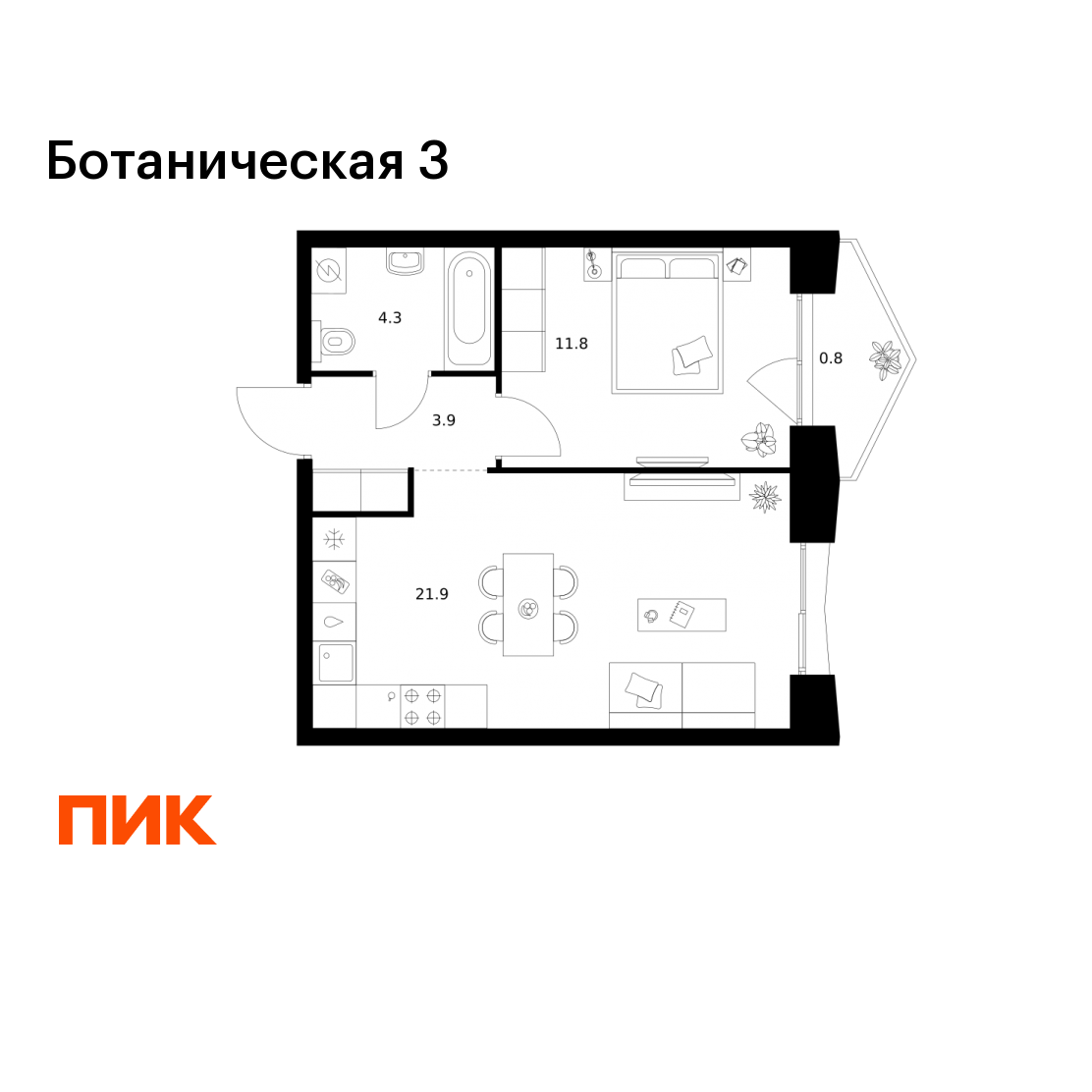 1-комнатная 42 м2 в ЖК Ботаническая 3 корпус null этаж 3