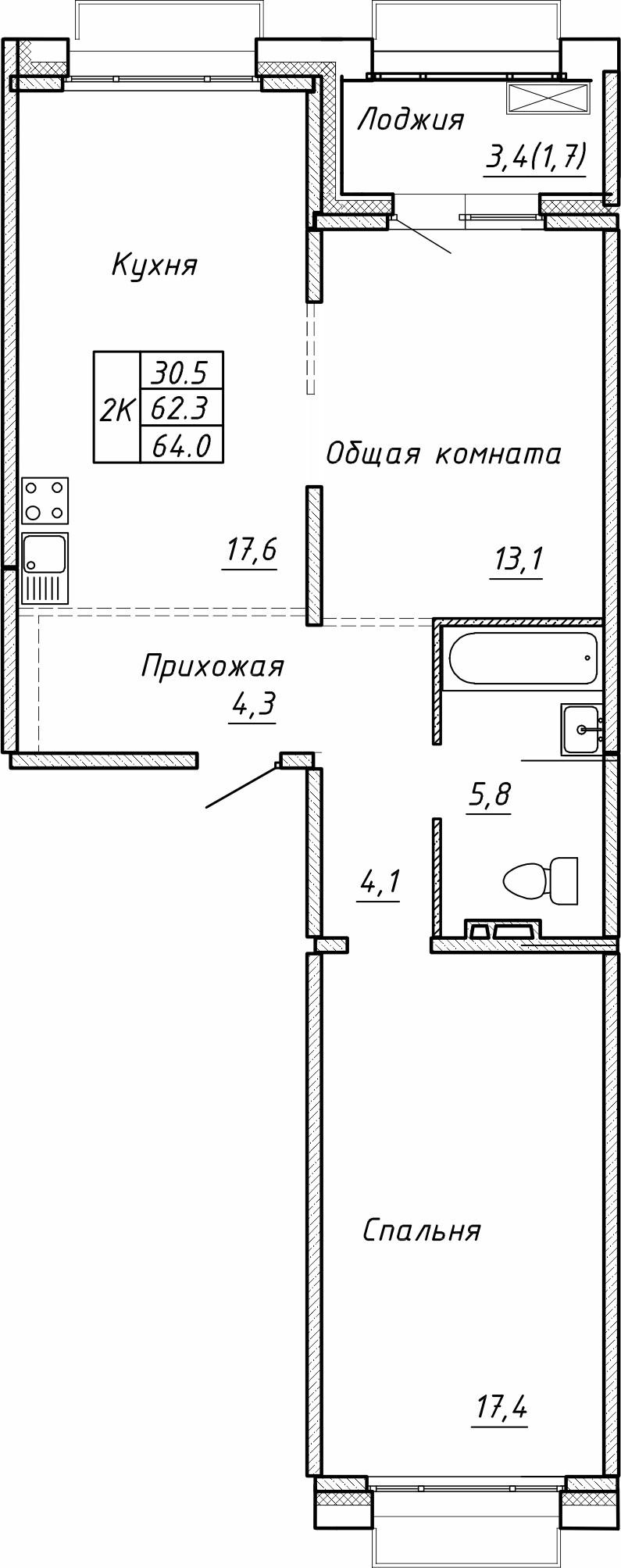 2-комнатная 64 м2 в ЖК Гренландия корпус null этаж 8