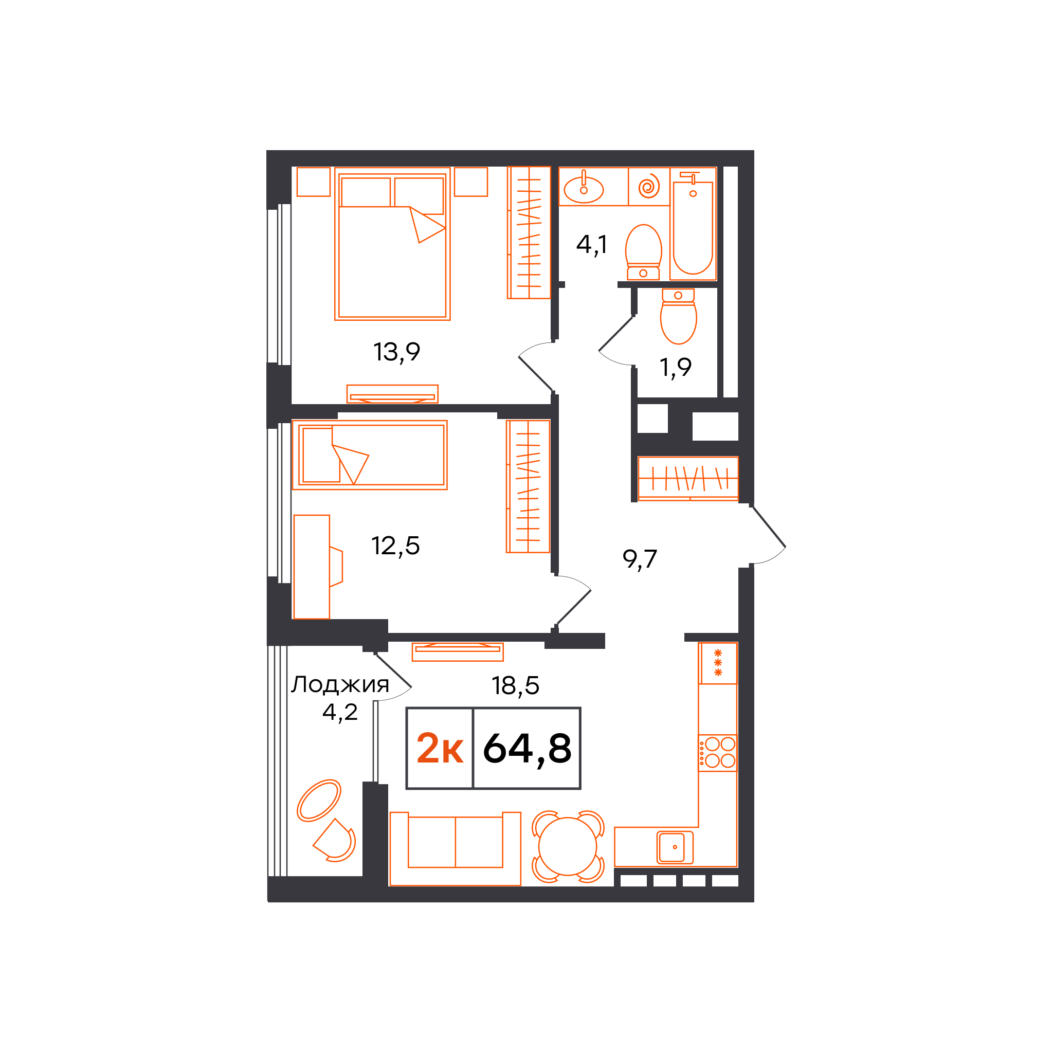 2-комнатная 64 м2 в ЖК Александровский корпус null этаж 6