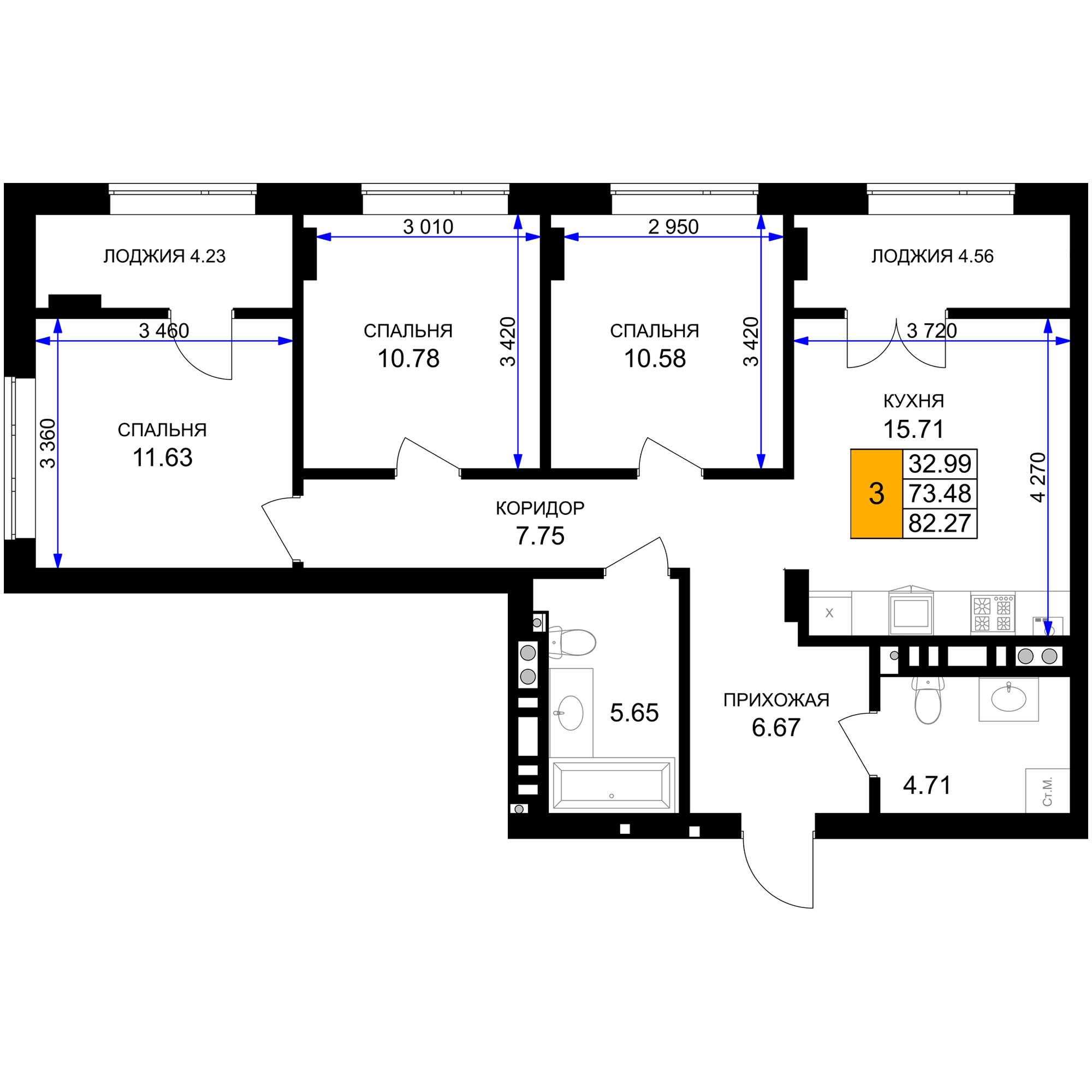 3-комнатная 77 м2 в ЖК Включи корпус null этаж 4