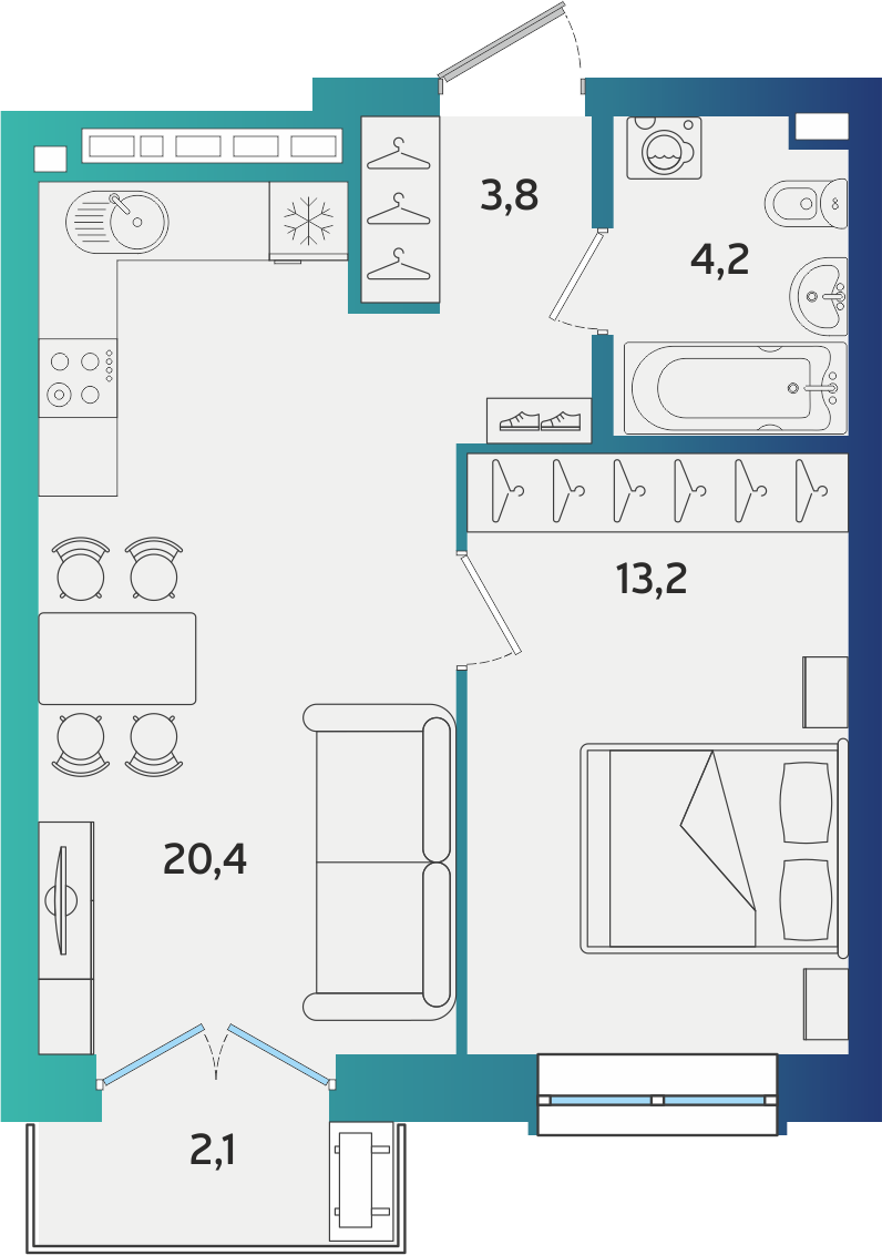 1-комнатная 42 м2 в ЖК Экополис корпус null этаж 2