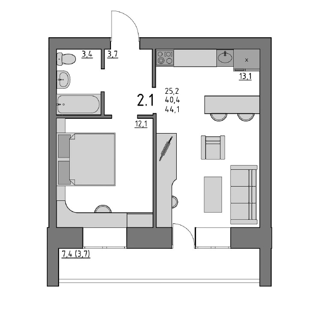 1-комнатная 40.7 м2 в ЖК undefined корпус null этаж 3