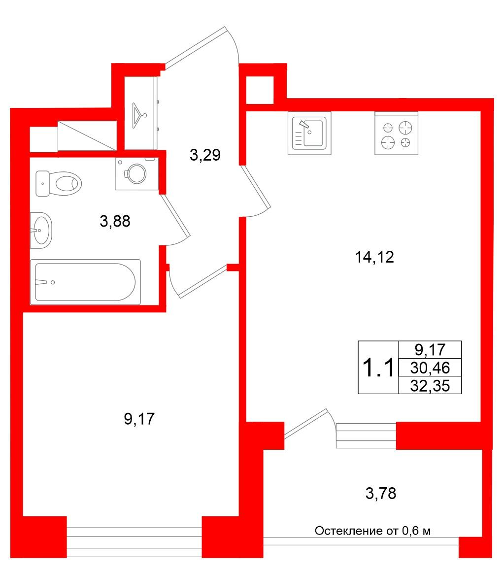 1-комнатная 30 м2 в ЖК Титул в Московском корпус null этаж 5