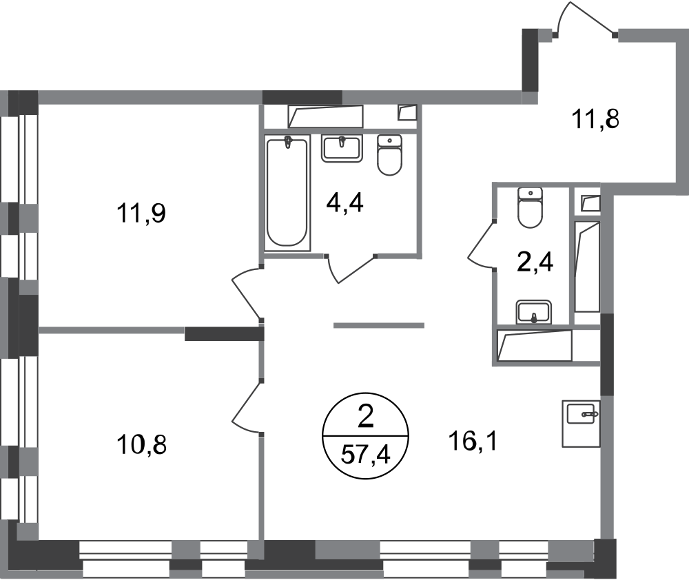 2-комнатная 57 м2 в ЖК Первый Московский корпус null этаж 3