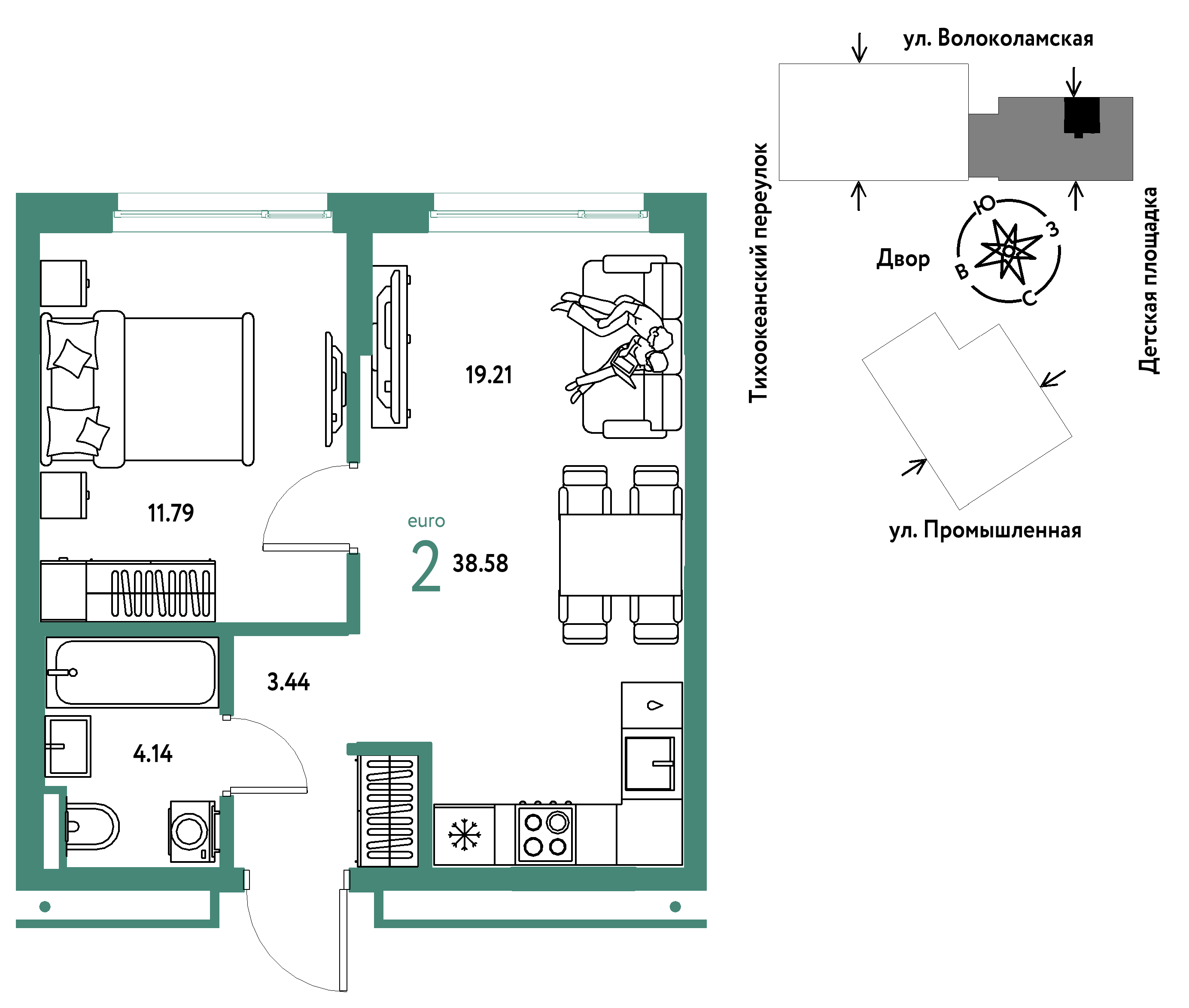 2-комнатная 38 м2 в ЖК Страна.Прибрежная корпус null этаж 11