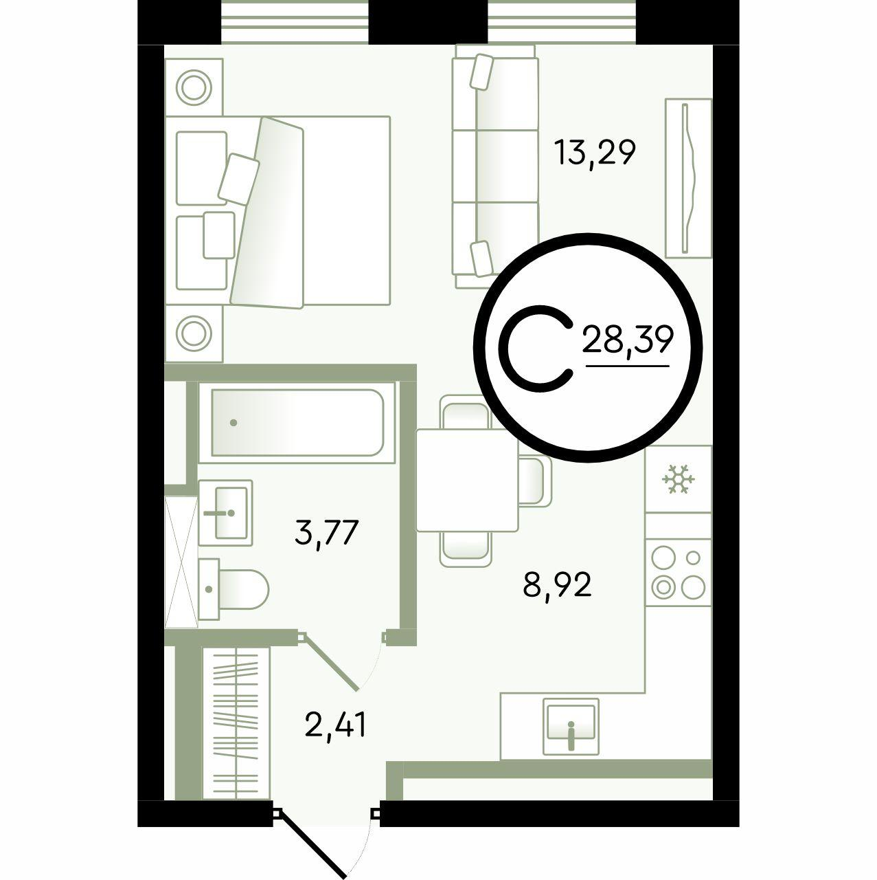 1-комнатная 28 м2 в ЖК Зеленые Аллеи корпус null этаж 4