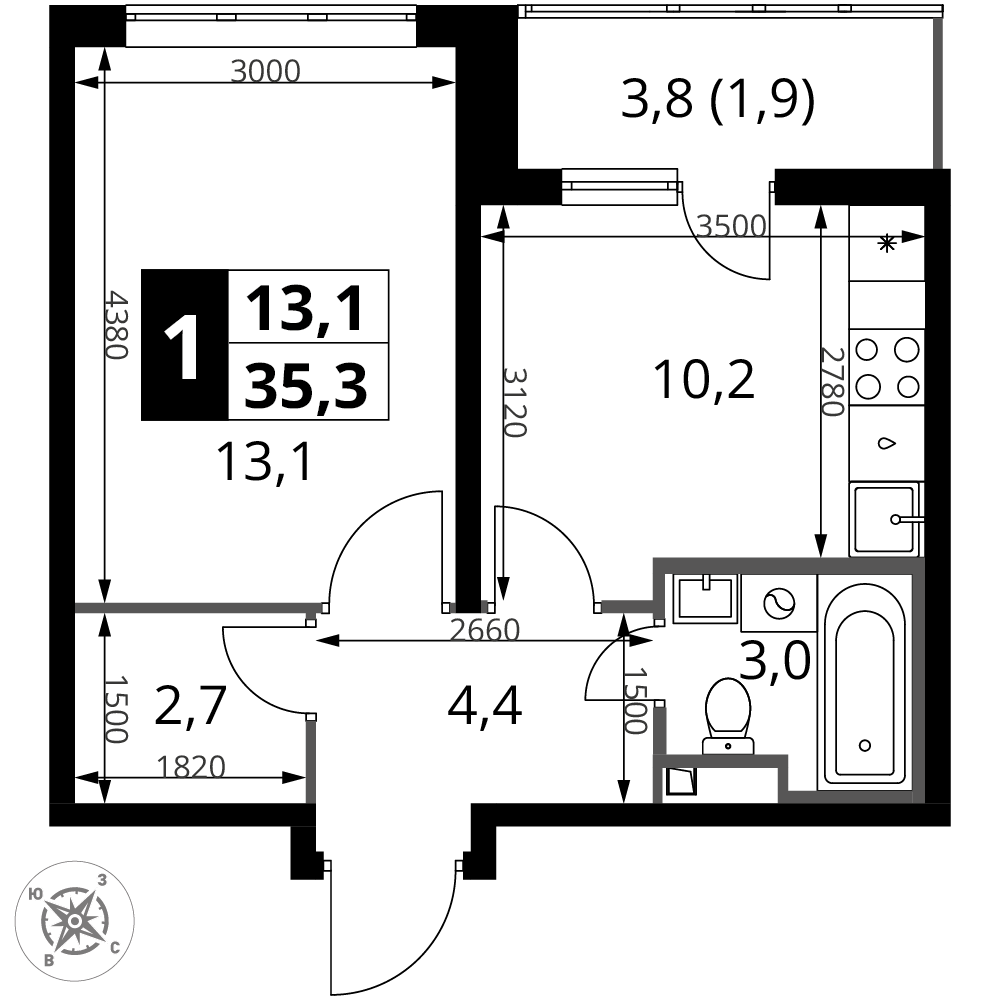 1-комнатная 35 м2 в ЖК 1-й Донской корпус null этаж 2