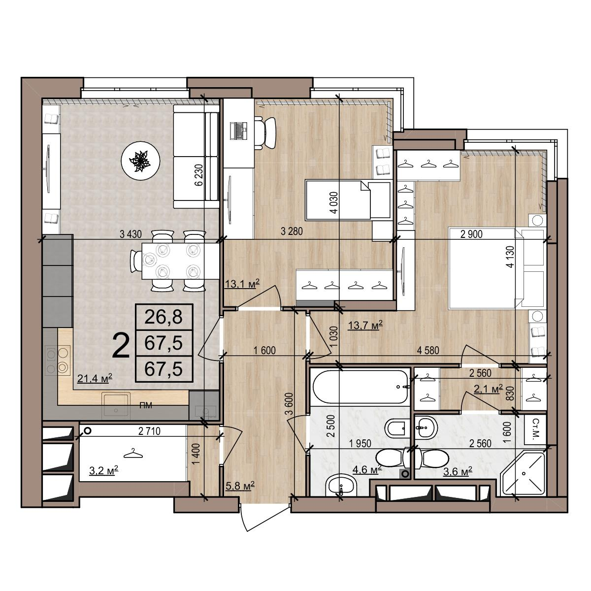2-комнатная 67 м2 в ЖК Полярная звезда корпус null этаж 15