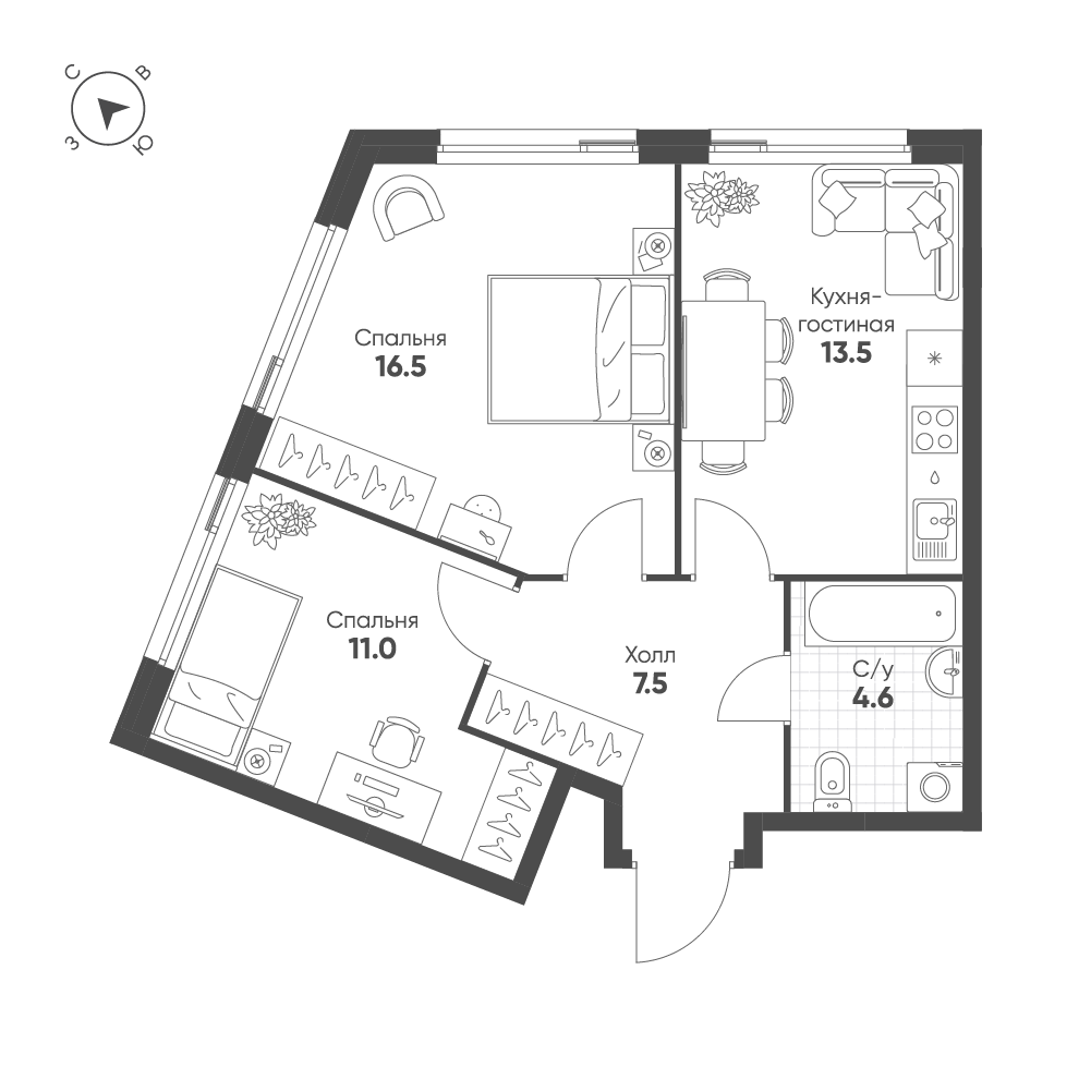 2-комнатная 53 м2 в ЖК Shagal корпус null этаж 21