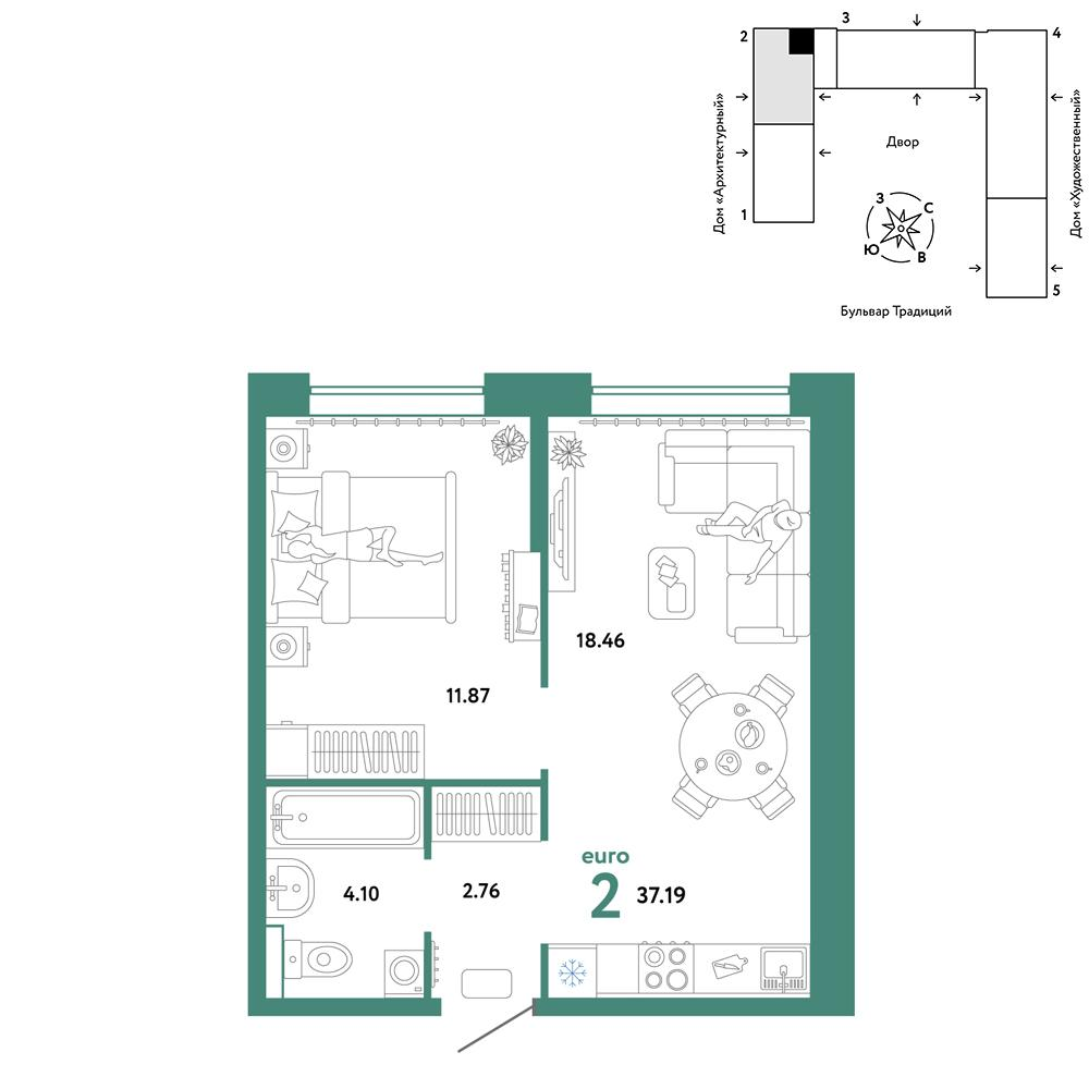 2-комнатная 37 м2 в ЖК Микрорайон Домашний корпус null этаж 12