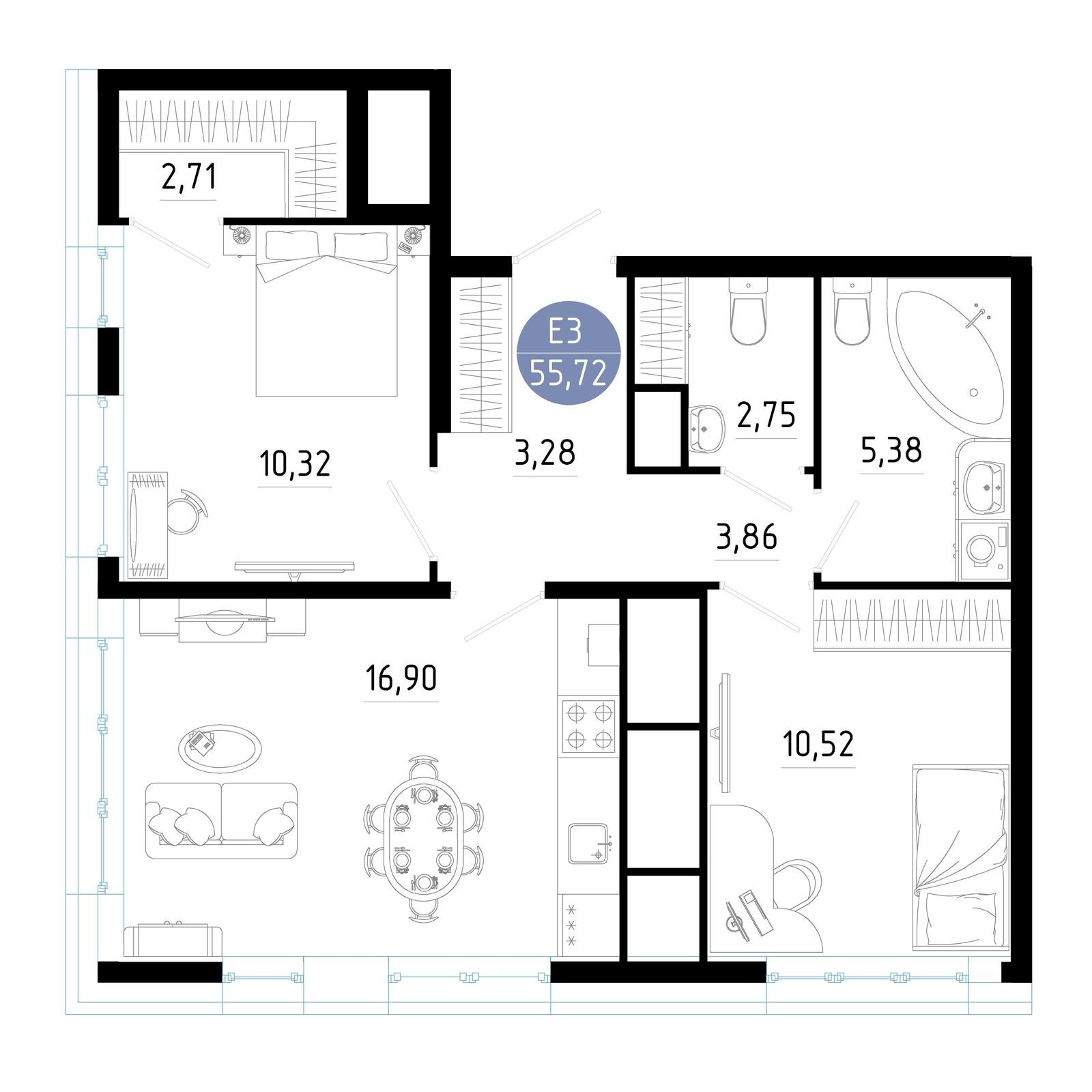 2-комнатная 55 м2 в ЖК Роща корпус null этаж 15
