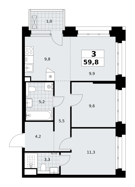 3-комнатная 59 м2 в ЖК Хольм корпус null этаж 2