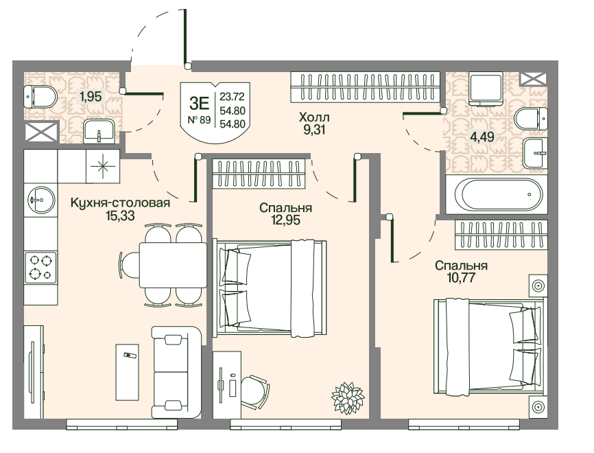 2-комнатная 54 м2 в ЖК Охтинские высоты корпус null этаж 1
