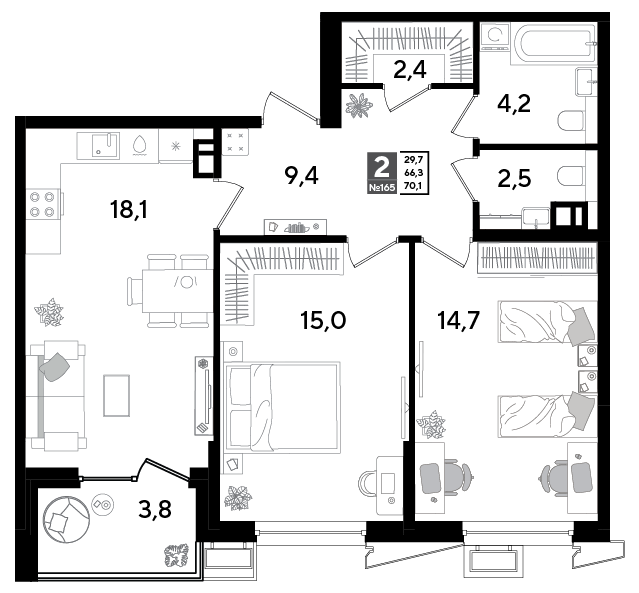 2-комнатная 69 м2 в ЖК Парк Победы 2 корпус null этаж 3