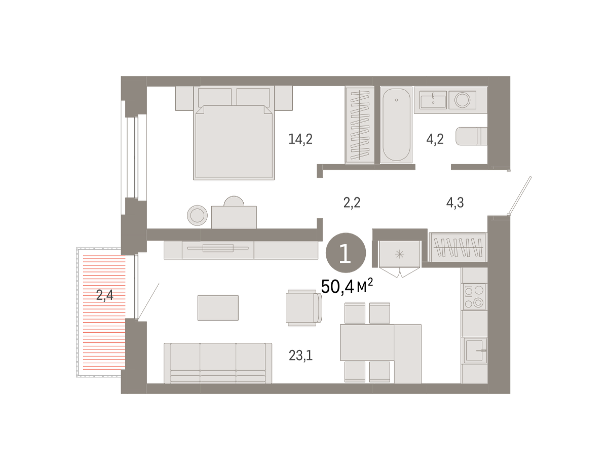 1-комнатная 50 м2 в ЖК Зарека корпус null этаж 5